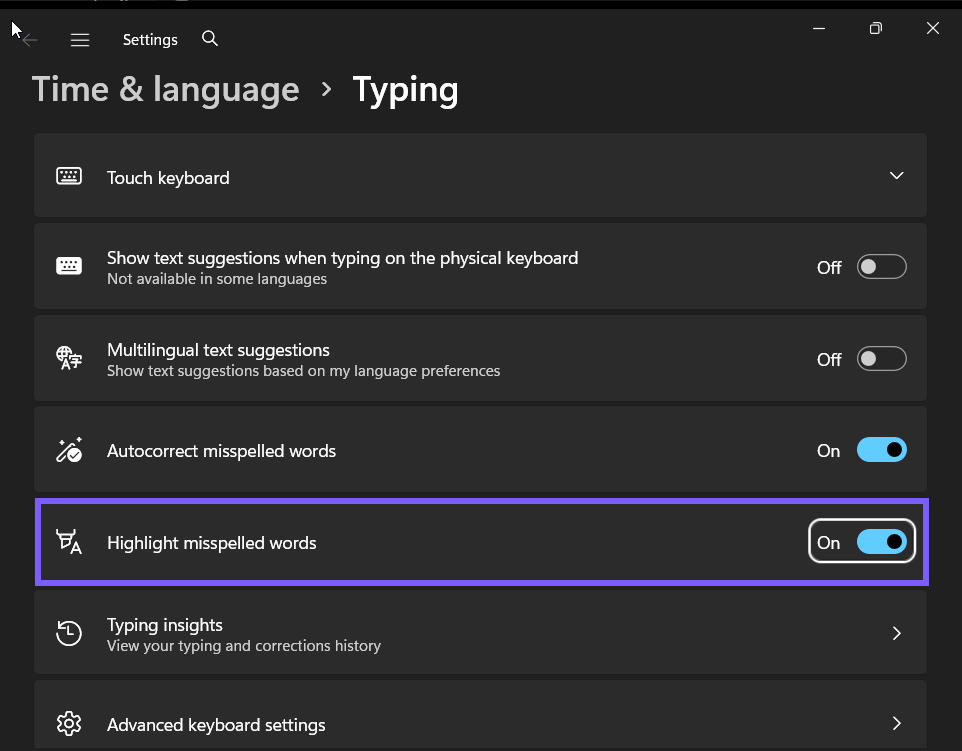 Highlight misspelled words restored to On in Windows 11