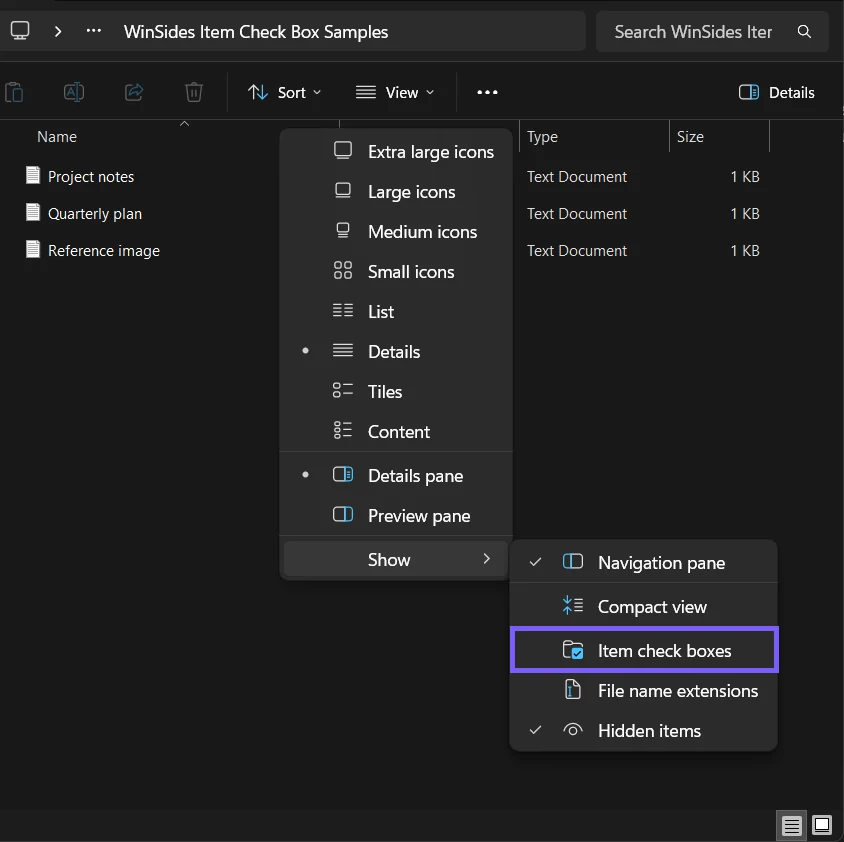File Explorer View and Show menus with Item check boxes outlined in purple while the setting is off