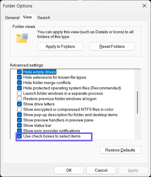 Use check boxes to select items enabled in File Explorer Folder Options and outlined in purple