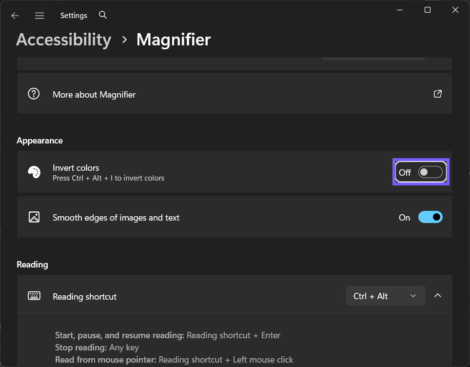 Magnifier Invert colors set to Off in Windows 11