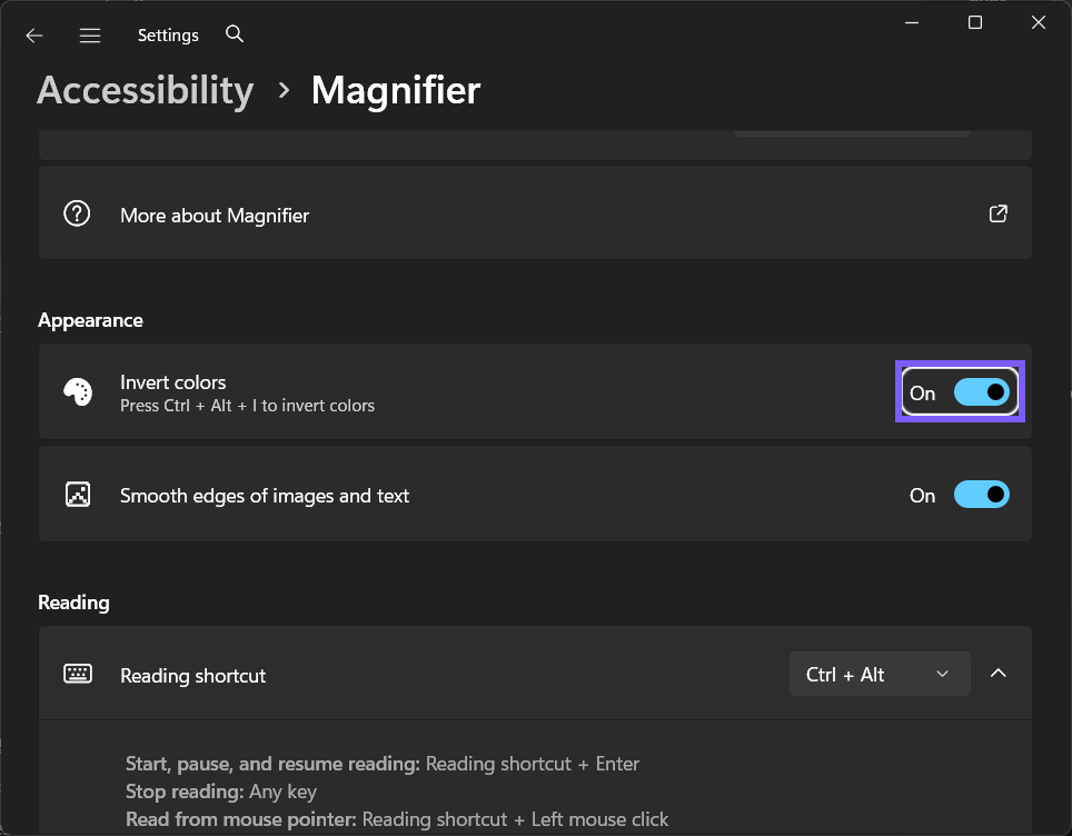 Magnifier Invert colors changed to On in Windows 11