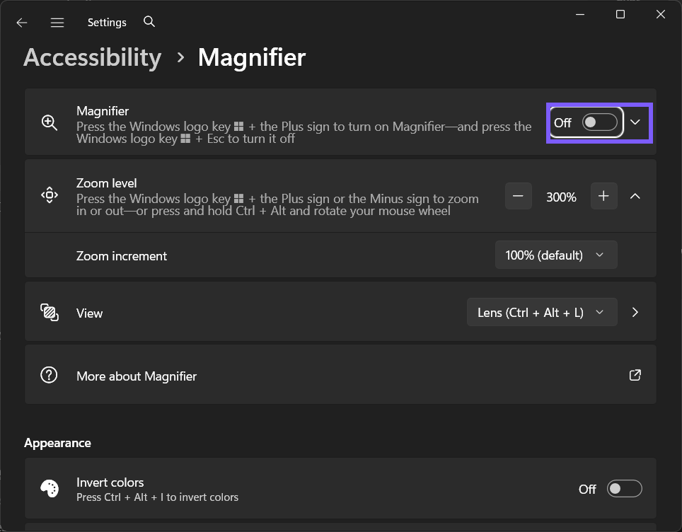 Magnifier set to Off in Windows 11