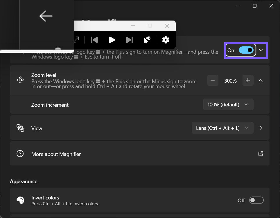 Magnifier changed to On in Windows 11