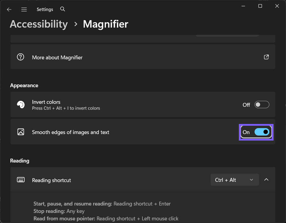 Magnifier Smooth edges of images and text set to On in Windows 11