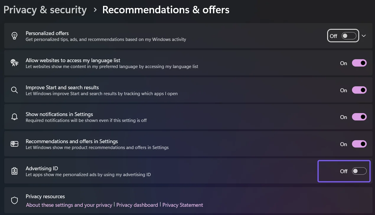 Windows 11 Recommendations and offers page with the Advertising ID Off switch outlined in purple