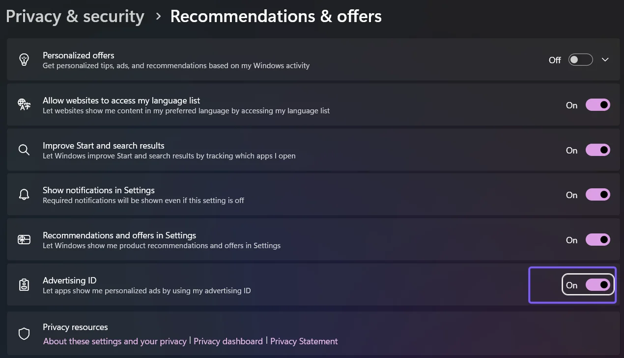 Windows 11 Recommendations and offers page with the Advertising ID On switch outlined in purple