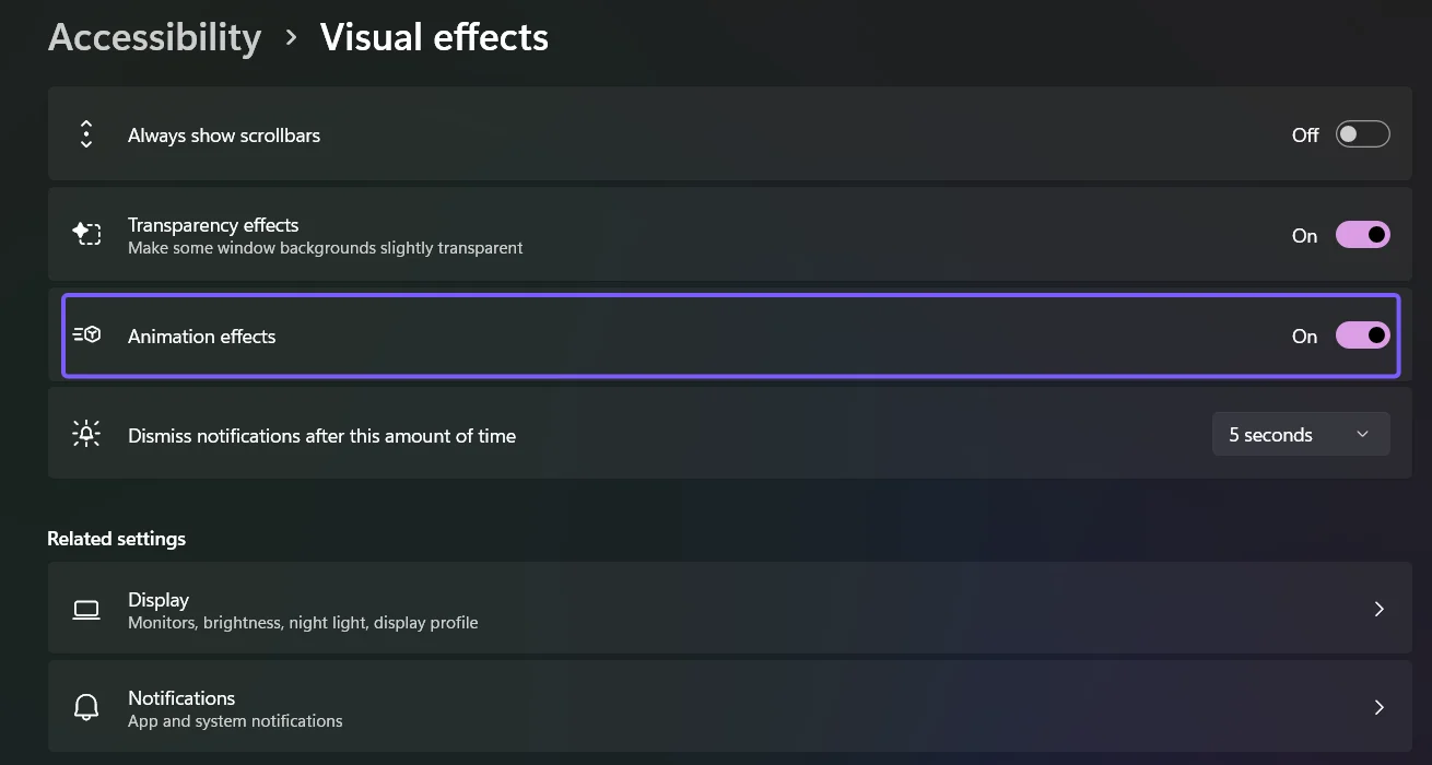 Windows 11 Visual effects page with Animation effects turned on and outlined in purple