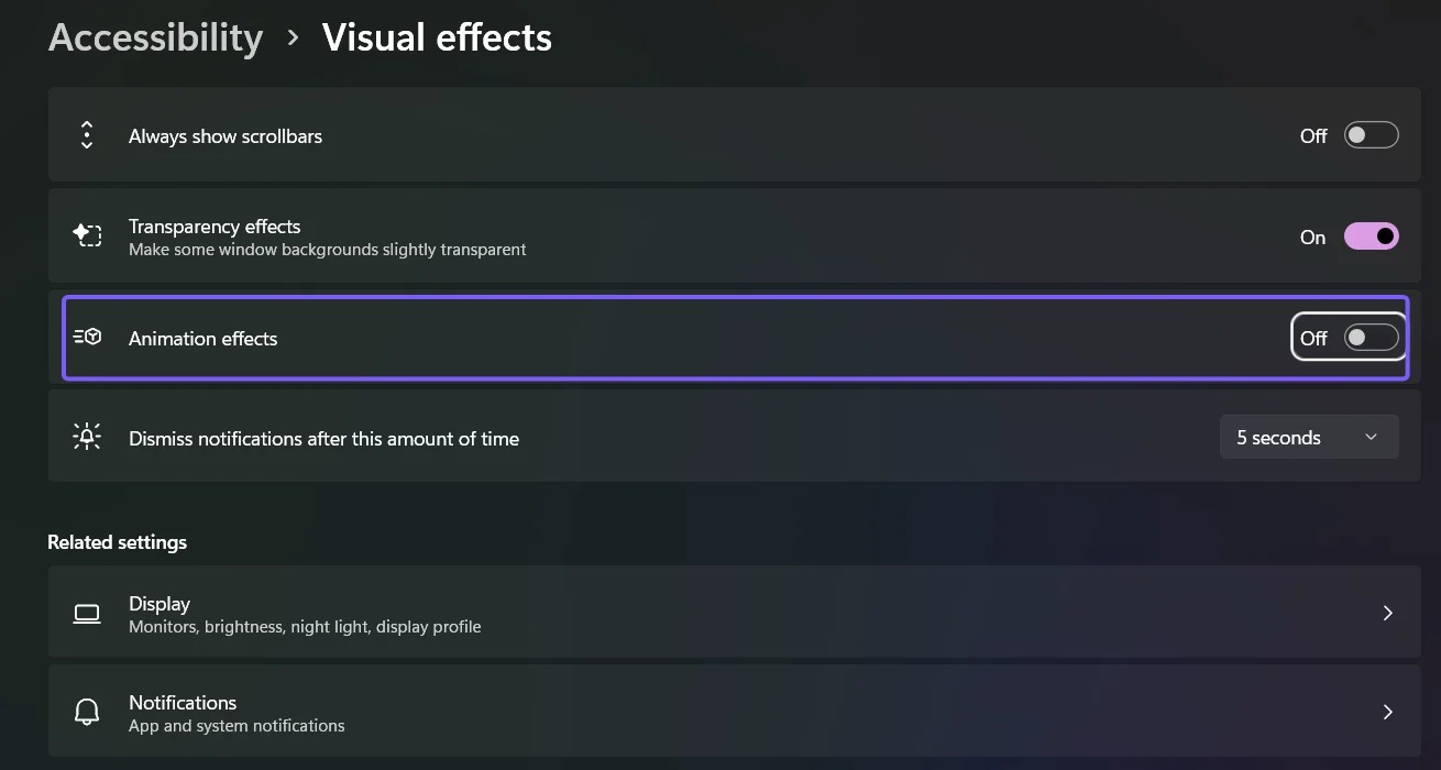 Windows 11 Visual effects page with Animation effects turned off and outlined in purple
