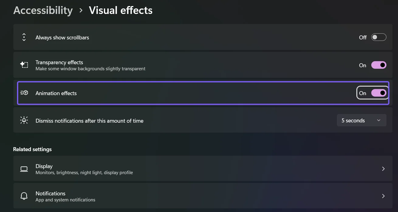 Windows 11 Animation effects switch restored to on and outlined in purple