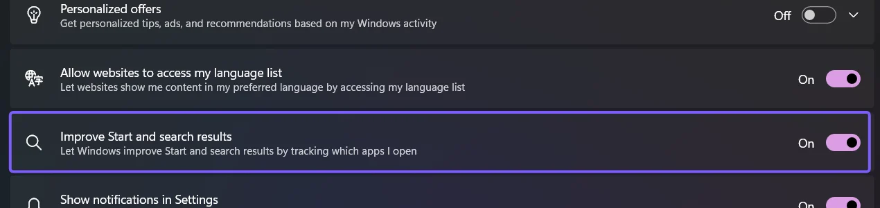 Windows 11 Recommendations and offers page with Improve Start and search results turned on and outlined in purple