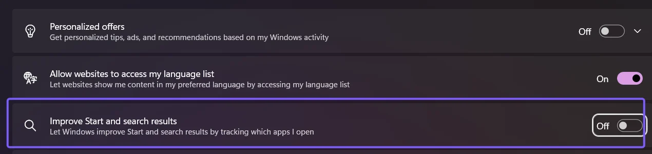 Windows 11 Recommendations and offers page with Improve Start and search results turned off and outlined in purple