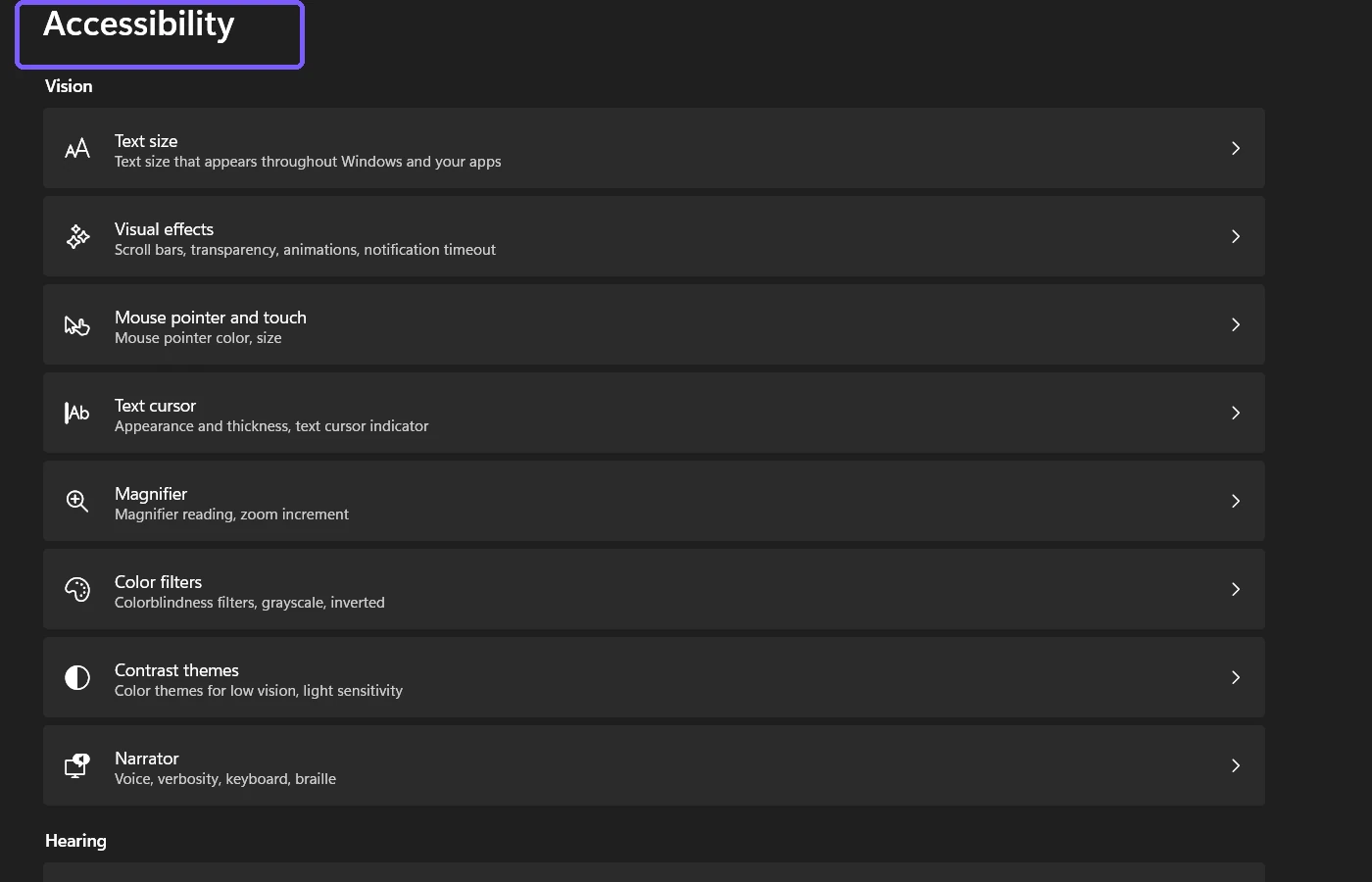 Windows 11 Accessibility settings page