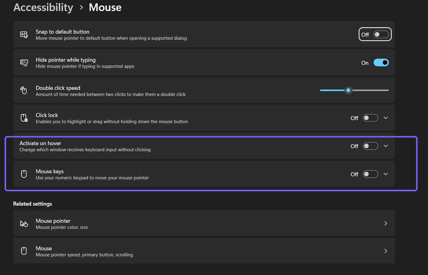 Mouse keys switch in the Off state on the Windows 11 Accessibility Mouse page