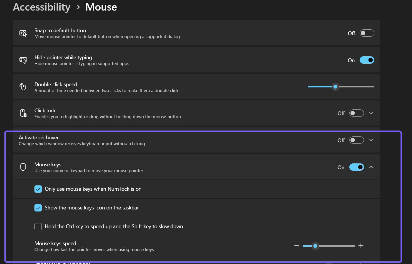 Mouse keys enabled with its related options visible in Windows 11 Settings