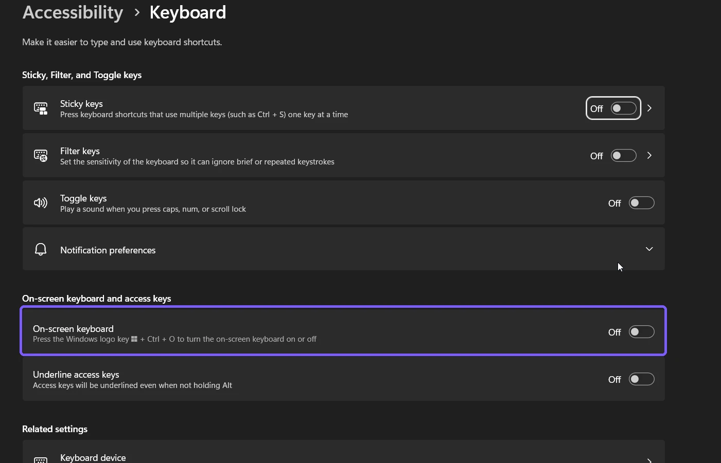 Windows 11 Accessibility Keyboard settings with the On-screen keyboard switch highlighted