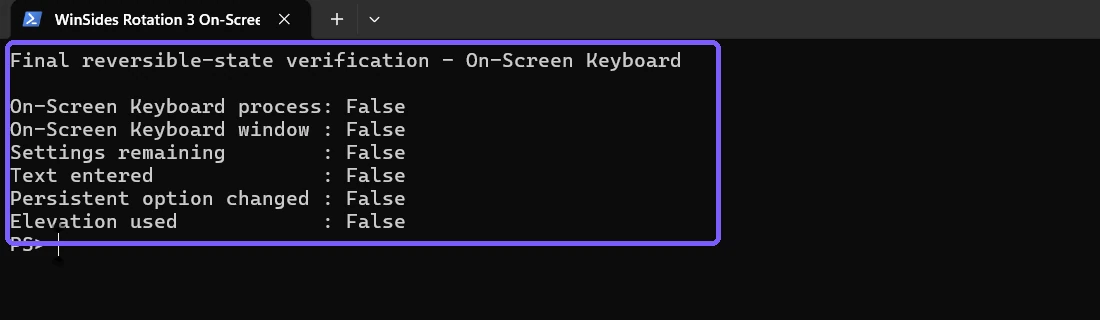 Anonymous PowerShell showing the final On-Screen Keyboard restored-state verification