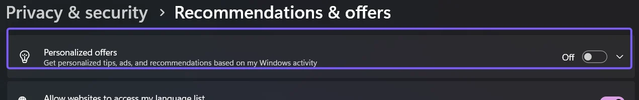Windows 11 Recommendations and offers page with Personalized offers turned off and outlined in purple