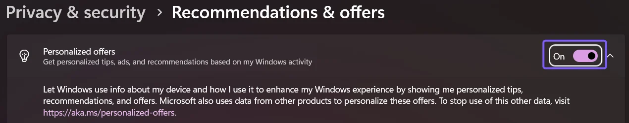 Windows 11 Recommendations and offers page with Personalized offers turned on and the On switch outlined in purple