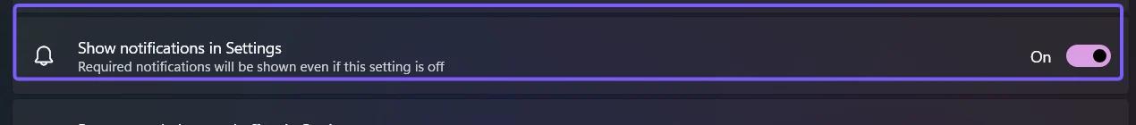 Windows 11 Recommendations and offers page with Show notifications in Settings turned on and outlined in purple