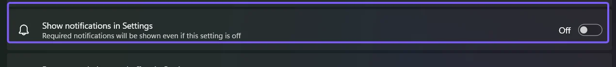 Windows 11 Recommendations and offers page with Show notifications in Settings turned off and outlined in purple