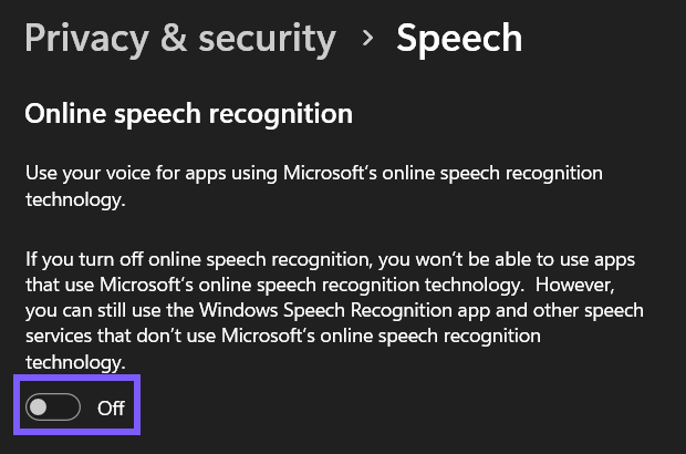 Windows 11 Speech privacy page with Online speech recognition turned off and outlined in purple