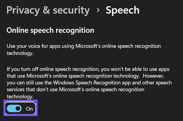 Windows 11 Speech privacy page with Online speech recognition turned on and outlined in purple