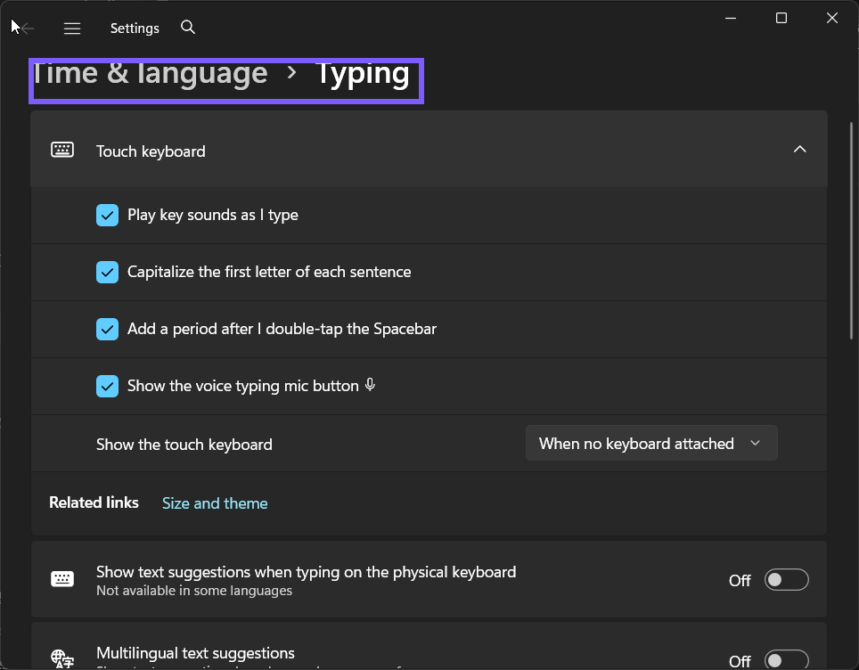 Windows 11 Settings location for Show text suggestions when typing on the physical keyboard