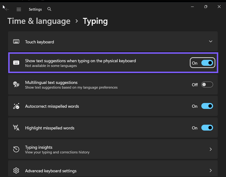 Show text suggestions when typing on the physical keyboard set to On in Windows 11