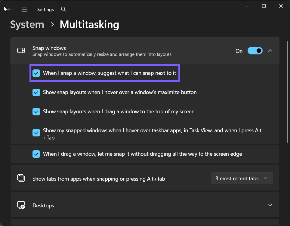 Snap Assist suggestions set to On in Windows 11