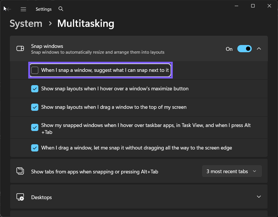 Snap Assist suggestions changed to Off in Windows 11