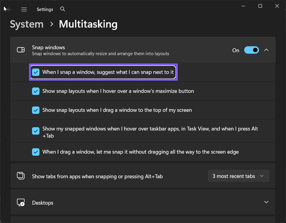Snap Assist suggestions restored to On in Windows 11