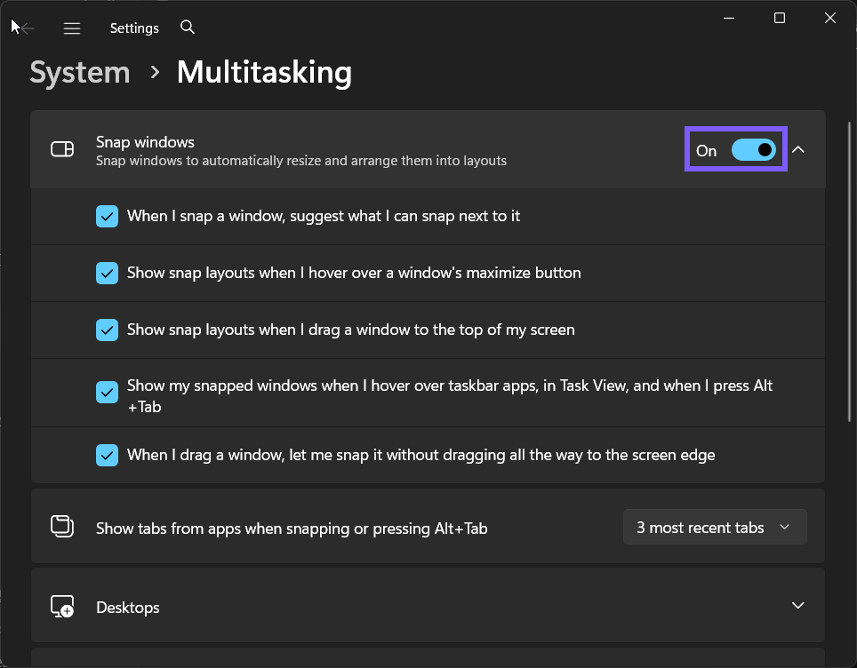 Snap windows set to On in Windows 11