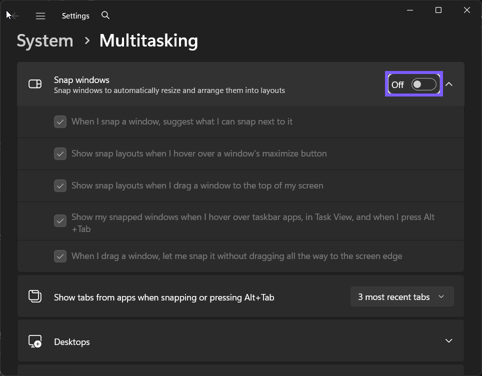 Snap windows changed to Off in Windows 11
