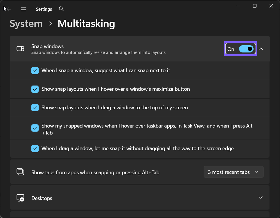 Snap windows restored to On in Windows 11