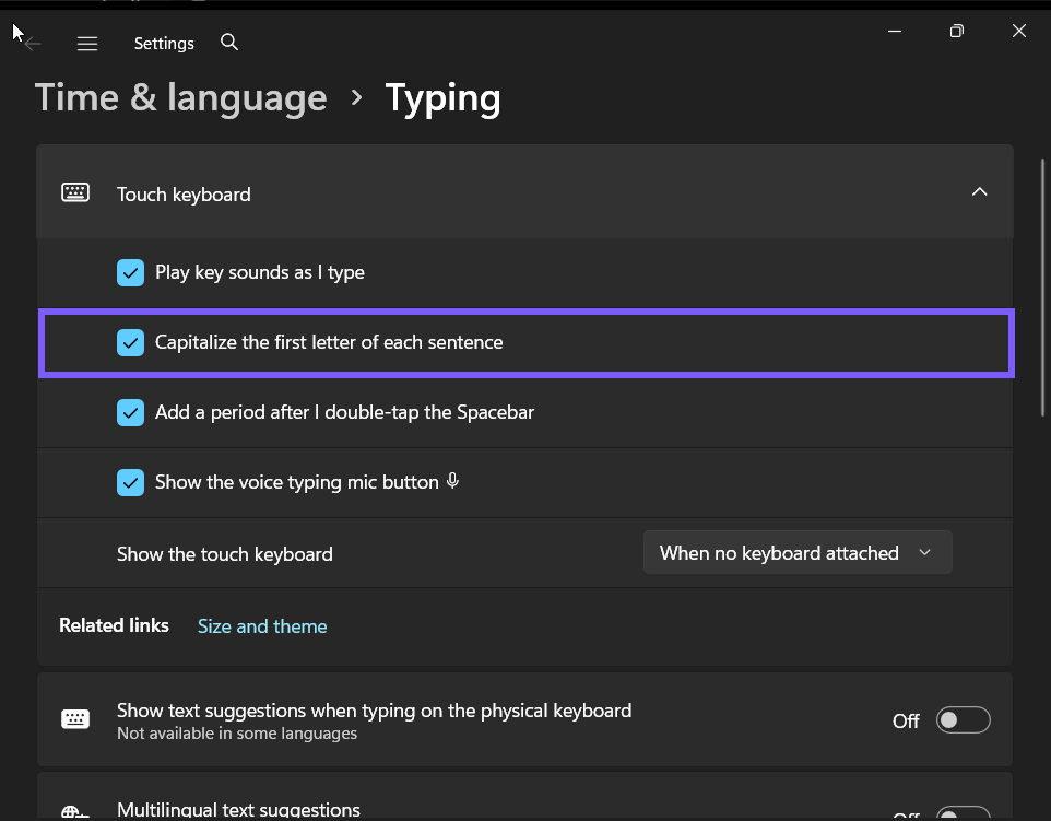 Capitalize the first letter of each sentence set to On in Windows 11