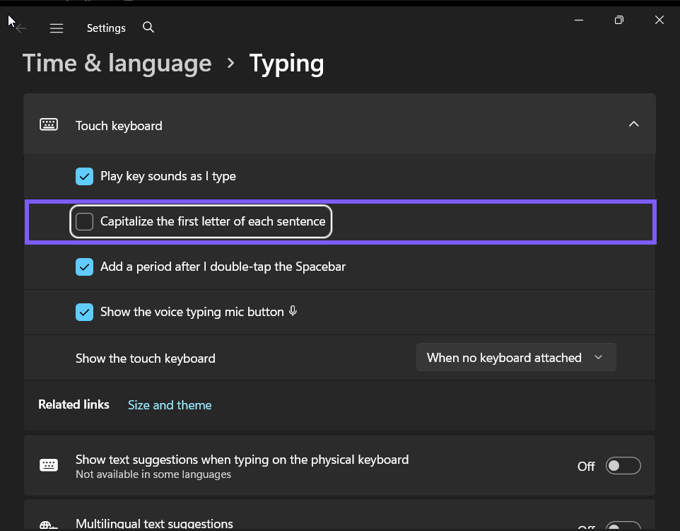 Capitalize the first letter of each sentence set to Off in Windows 11