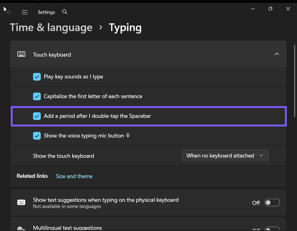 Add a period after I double-tap the Spacebar set to On in Windows 11