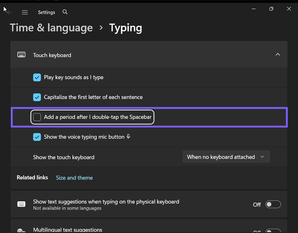 Add a period after I double-tap the Spacebar set to Off in Windows 11