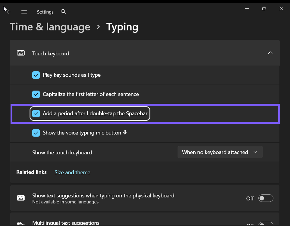 Add a period after I double-tap the Spacebar restored to On in Windows 11