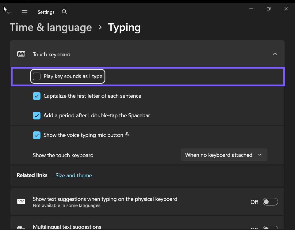 Play key sounds as I type set to Off in Windows 11