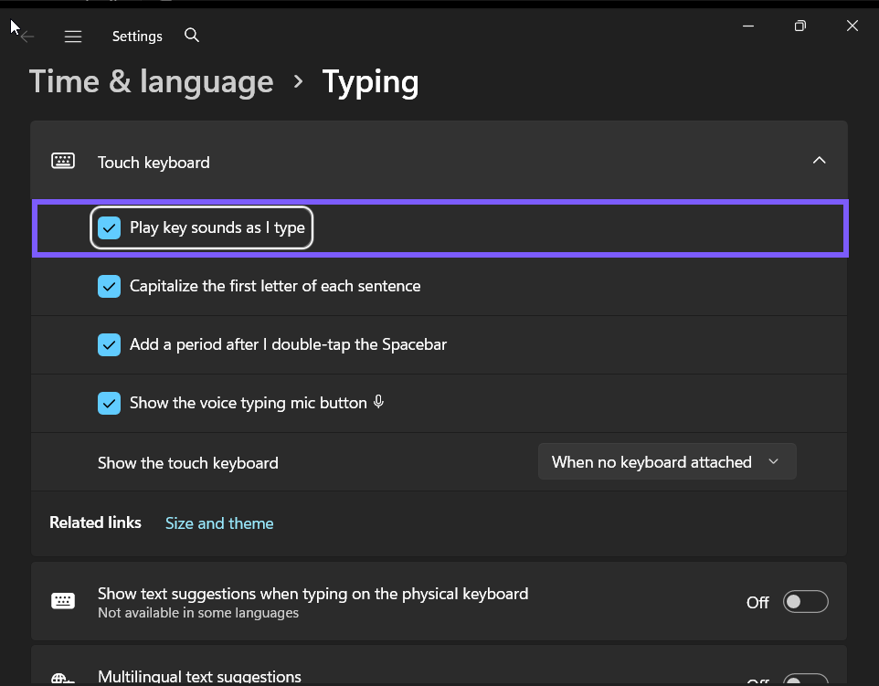 Play key sounds as I type restored to On in Windows 11
