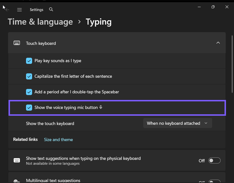 Show the voice typing mic button set to On in Windows 11