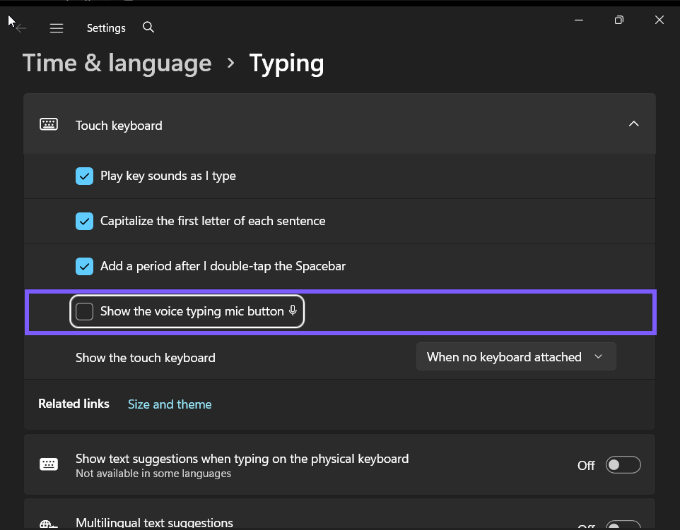 Show the voice typing mic button set to Off in Windows 11
