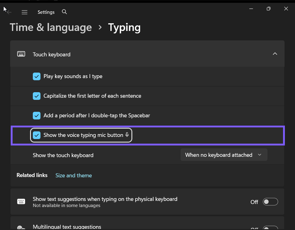 Show the voice typing mic button restored to On in Windows 11
