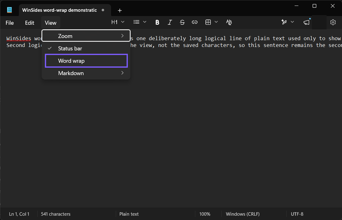 Word wrap item in the Notepad View menu outlined in purple while the setting is off