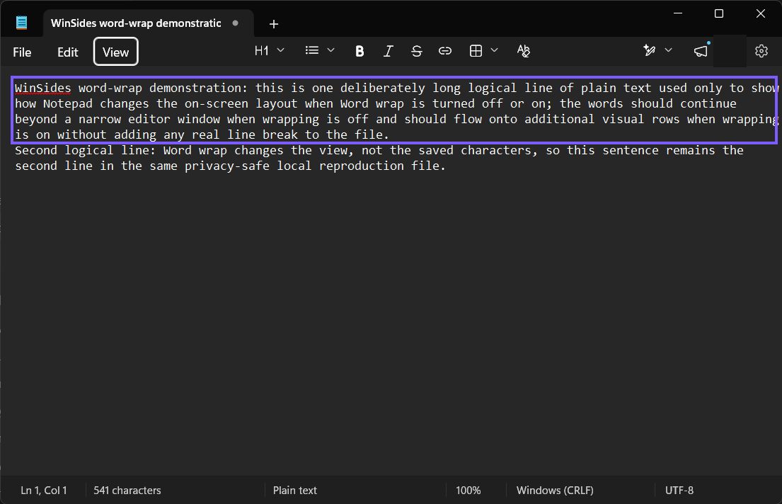 Same long Notepad line fitted across several visual rows with Word wrap on, outlined in purple