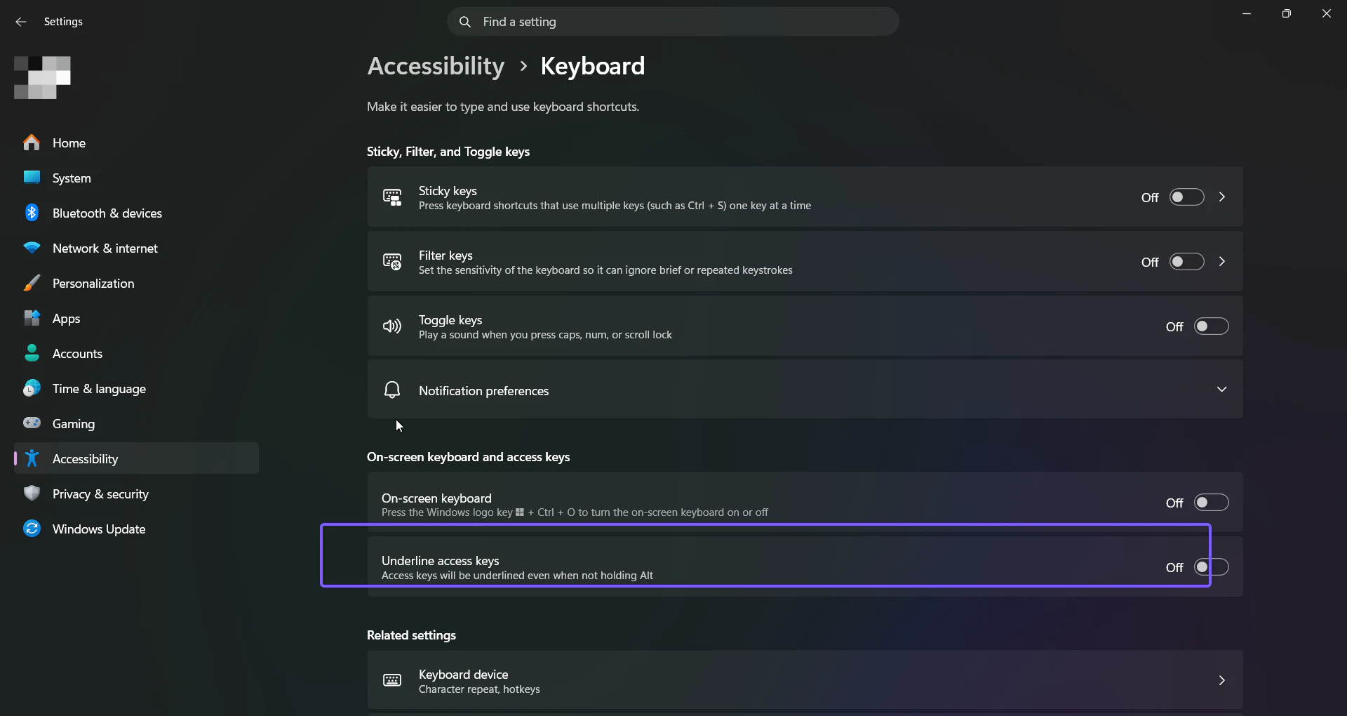 Windows 11 Keyboard accessibility page with Underline access keys turned off