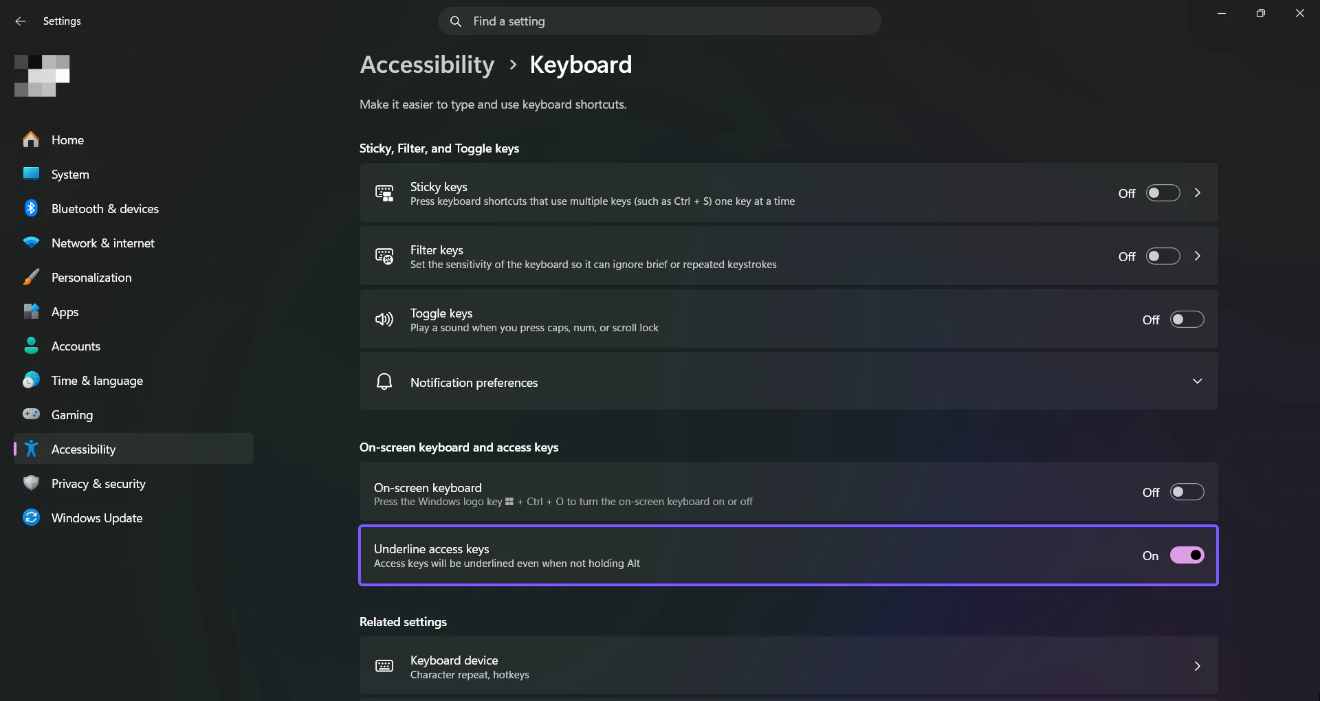 Windows 11 Underline access keys switch turned on and highlighted in purple