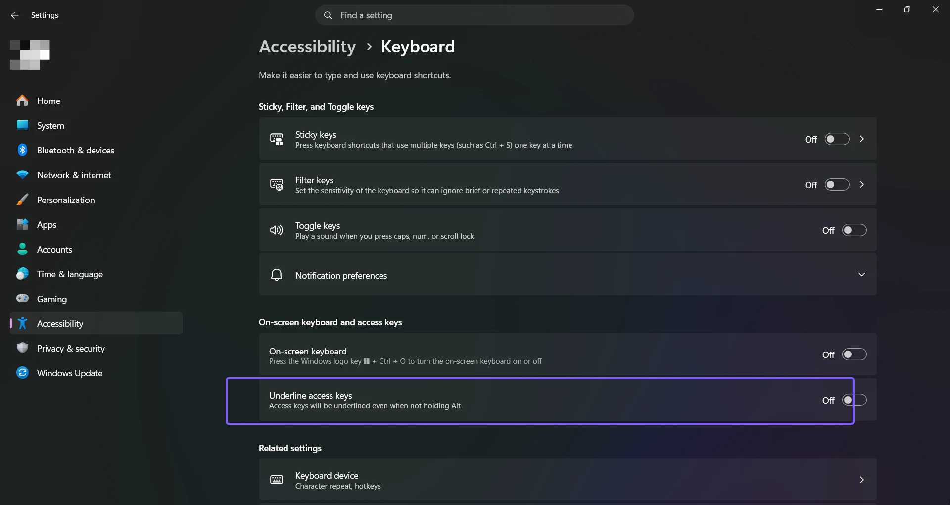 Windows 11 Underline access keys switch restored to off and highlighted in purple