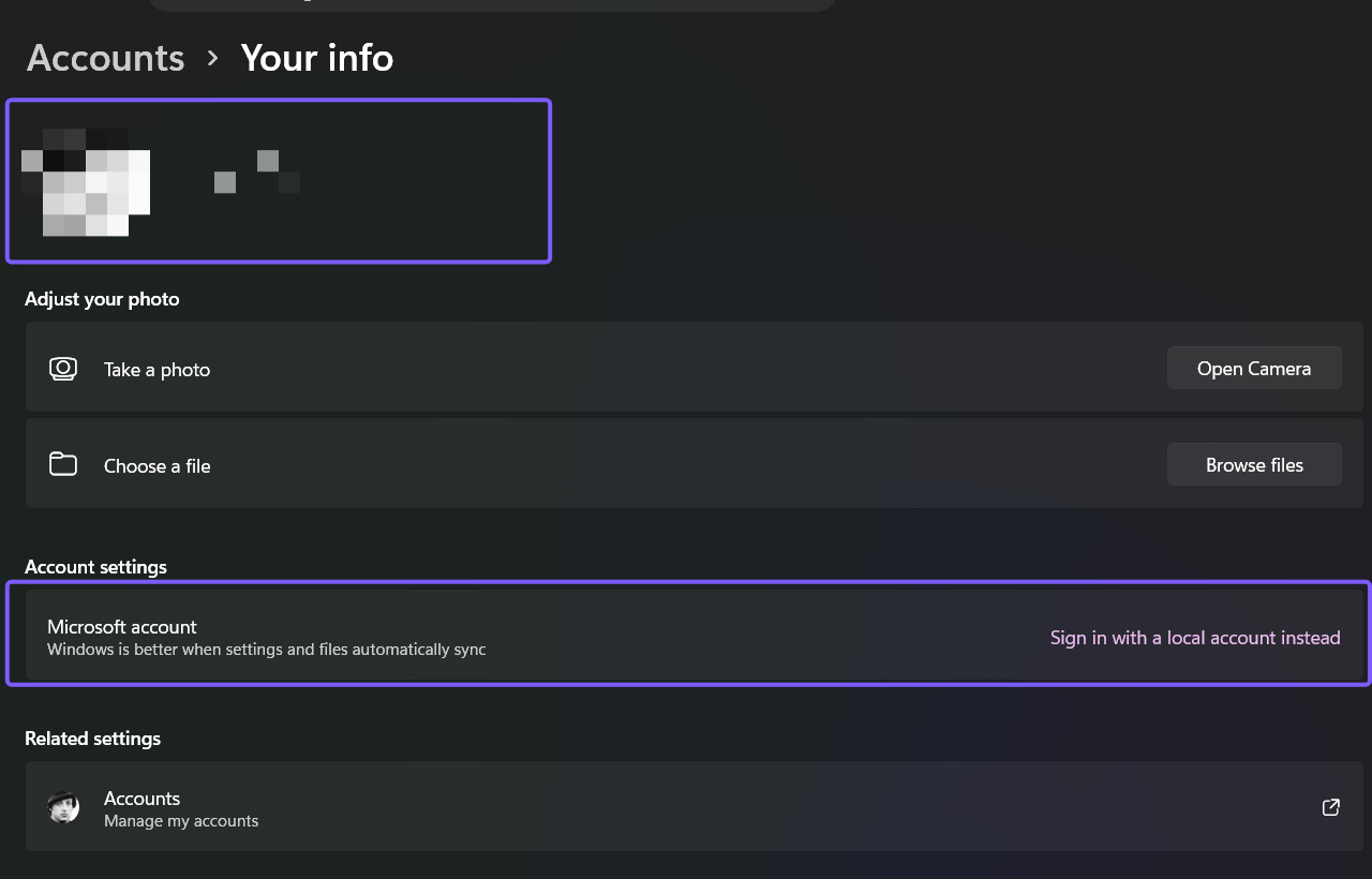 Windows 11 Accounts Your info page with the signed-in summary and account settings highlighted in purple